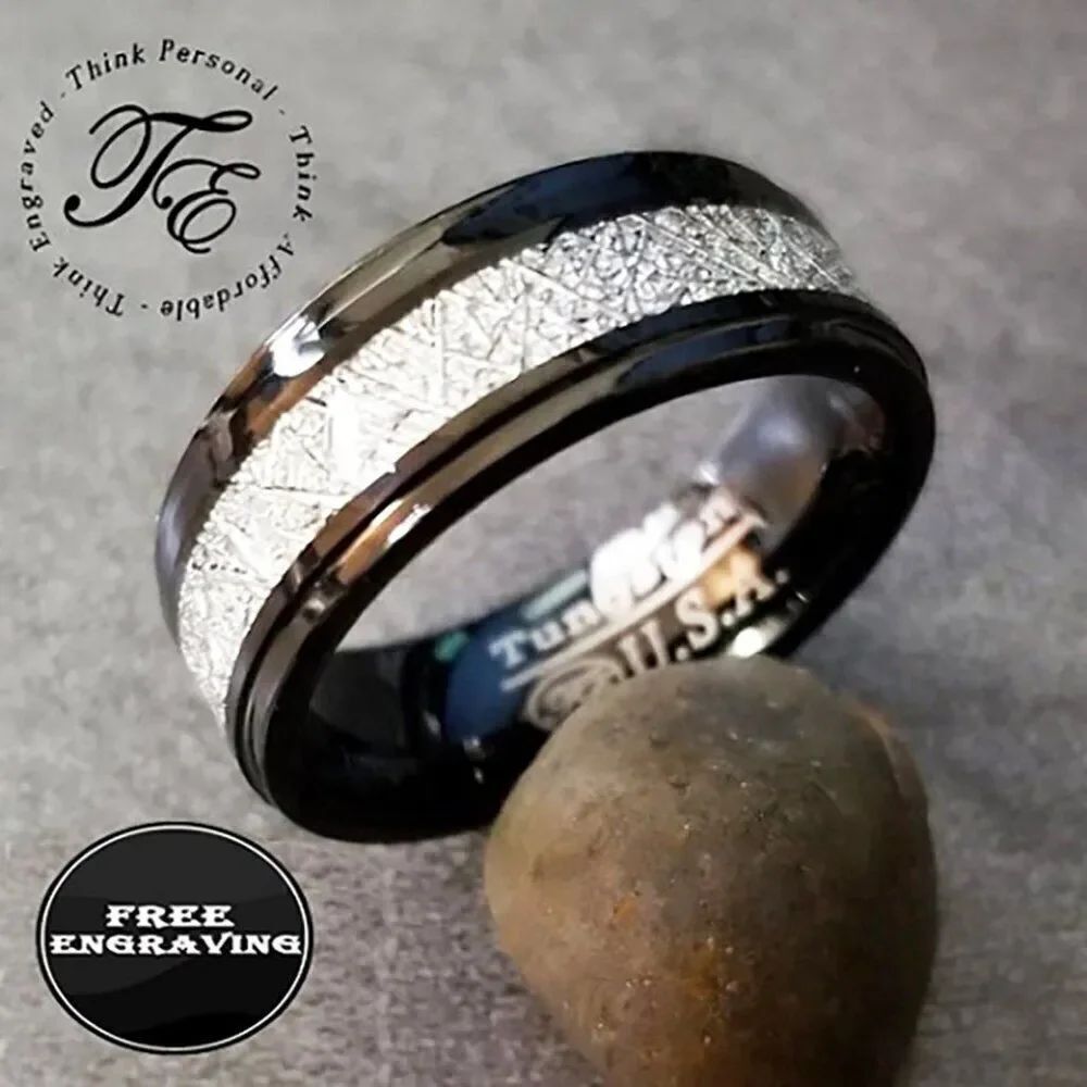 Engraved Men's Real Black Tungsten Promise Ring With Meteorite Inlay
